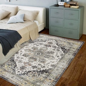 5x7 Washable Vintage Area Rug - Distressed Medallion Pattern, Non-Slip & Stain-Resistant for Living Room, Bedroom - Grey - 1 of 4