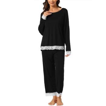 cheibear Women's Soft Lace Trim Knit Stretchy Long Sleeve Sleepwear Pajama Set