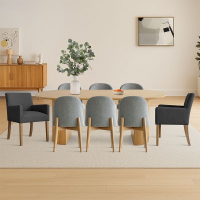 7-piece Dining Room Table Set, Oak Oval Table with 6 Linen Fabric Dining Chair and 2 Captain's Chair with Solid Wood Legs, Dining Room- Maison Boucle