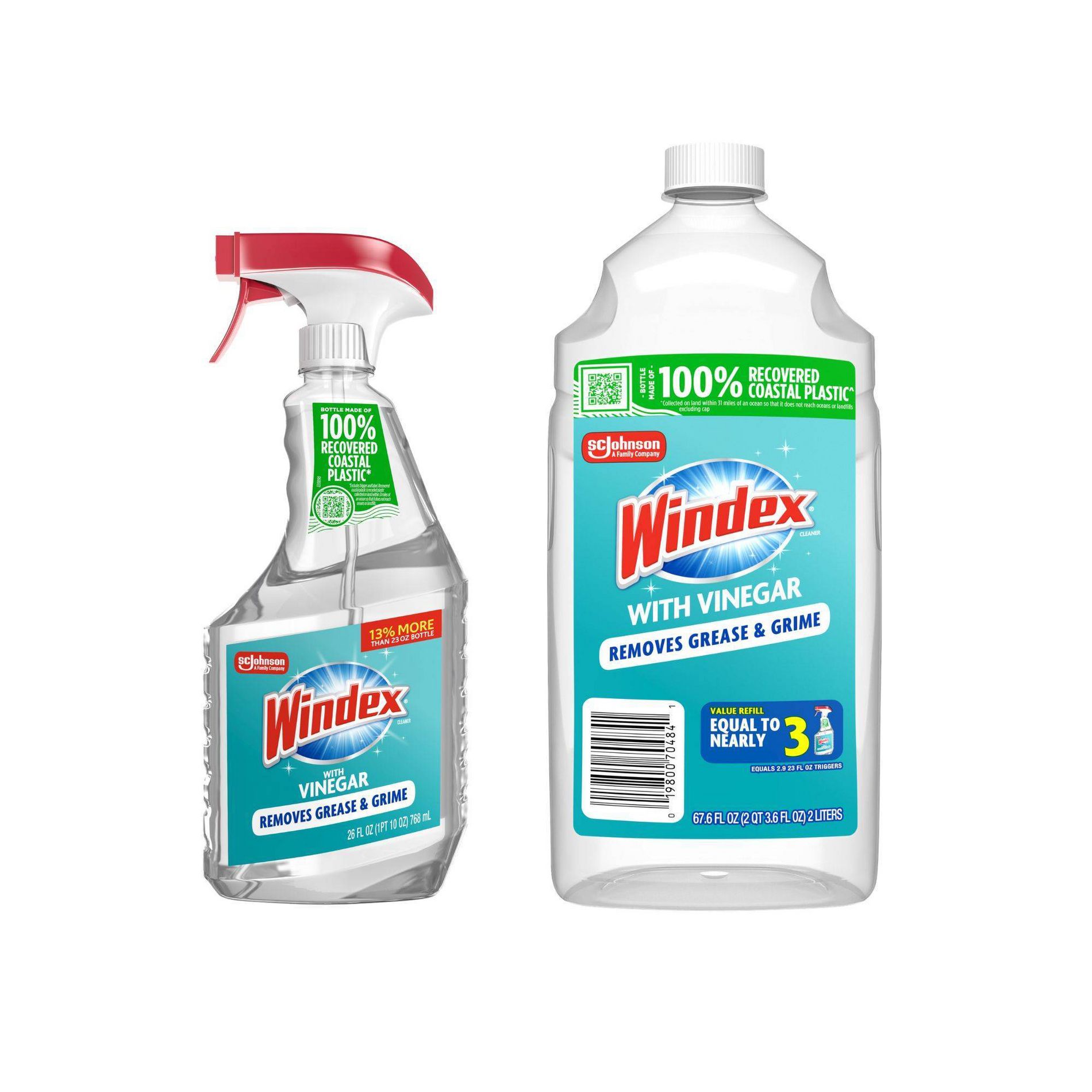 Windex Vinegar Window and Glass Cleaner Refill Bottle 67.6 fl oz + 26 fl oz Window and Glass Cleaner Spray