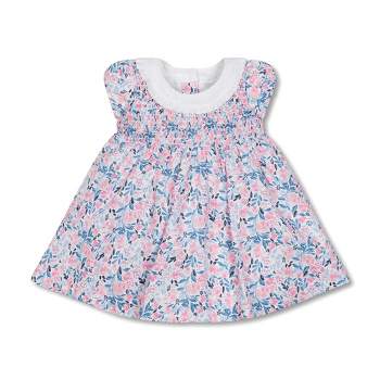Hope & Henry Layette Baby Girl Short Sleeve Linen Dress with Ruffle Collar, Infant