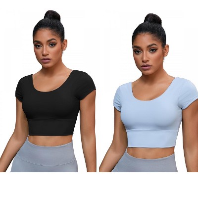 INSPIRE CHIC 2 Pcs Women's U Neck Short Sleeve Deep V Back Workout Tank Tops with Built-in Bras