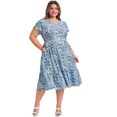 Women's Plus Size Floral Print Button Decor V Neck Flowy Maxi A Line Dresses with Pockets - GRACE & GRANDEUR