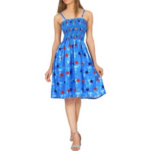 LA LEELA Women's Summer 4th of July American USA Flag Smocked Mini Swing Beach Dress Tube Top Patriotic Dresses for Women One Size Blue, Flags - 1 of 4