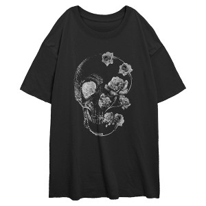 Junior's Lost Gods Rose Skull Grayscale Distressed Portrait Oversized T-Shirt - 1 of 2