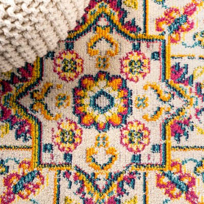 Ivory and Multicolor Medallion Synthetic Runner Rug