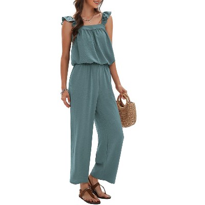 EXLURA Womens Summer 2 Piece Sets Sleeveless Square Neck Tie-Back Cami Top Wide Leg Pants Matching Set Beach Vacation Outfits