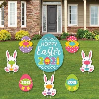 Big Dot of Happiness Quarantine Easter - Yard Sign and Outdoor Lawn Decorations - 2021 Egg and Bunny Party Yard Signs - Set of 8