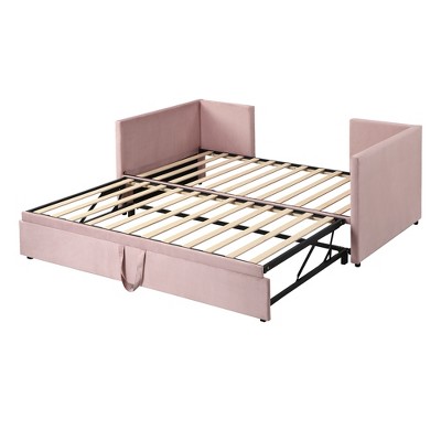 Bellemave Twin Size Upholstered Daybed with Pop up Trundle,Velvet Twin Day Bed Frame with Trundle Bed,Bedroom,Living Room，Pink