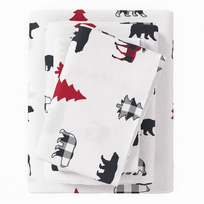 100% Cotton Lodge Print Flannel Sheet Set - Great Bay Home (Queen, Checkered Moose)