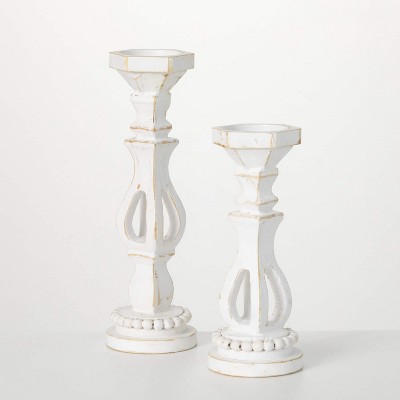 Wood Pillar Holder Cream 16"H Wood Set of 2