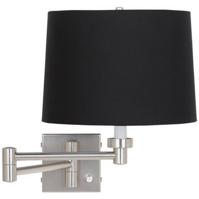 Possini Euro Design Modern Swing Arm Wall Lamp Brushed Nickel Plug-In Light Fixture Black Fabric Drum Shade for Bedroom Bedside