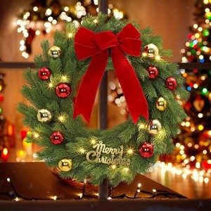 24 Inch Christmas Wreath, Christmas Decor with Red Bow & Balls for Front Door, Artificial Pine Greenery Wreath for Home Fireplace Wall - 1 of 4