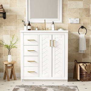 NicBex 30" Bathroom Vanities with Ceramic Sink Combo,Solid Wood&MDF Storage Cabinet for Bathroom,Chic Vanity Set,4"Faucet Hole(No Faucet) - 1 of 4