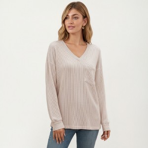 Anna-Kaci Women's V-Neck Long Sleeve Knit Top with Chest Pocket and Relaxed Fit - 1 of 4