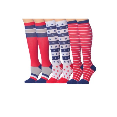 Tipi Toe 3 Pairs Compression Socks for Men & Women Patriotic Trio Stars and Stripes Solid Colors Patterned Knee High Socks (12-14 mmHg)