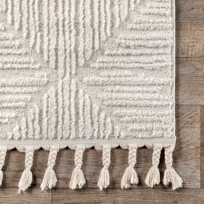Cream Geometric Textured Synthetic Area Rug with Tassels, 7x9