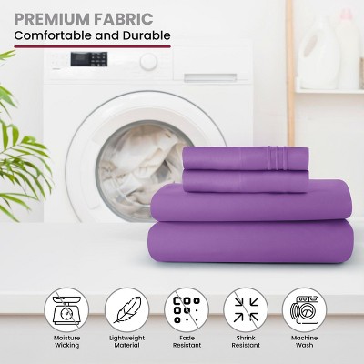 Twin Purple Microfiber Embroidered Deep Pocket Sheet Set