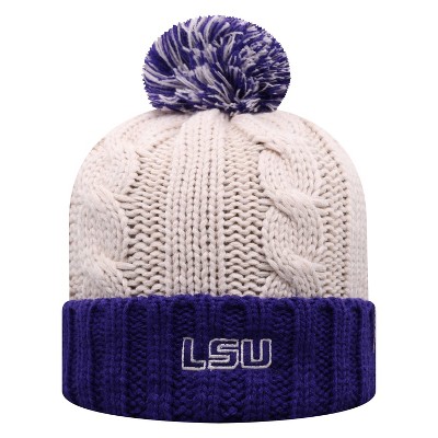 NCAA LSU Tigers Women's Natural Cable Knit Cuffed Beanie with Pom