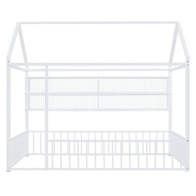 Bellemave Full Size Montessori Floor Bed with Shelf, House Bed with Fence, Playhouse for Kids,White