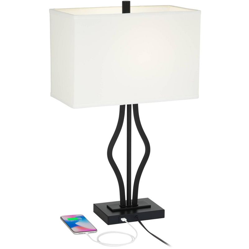 360 Lighting Ally Modern Table Lamps 26 1/2" High Set of 2 Black Metal with USB Charging Port Rectangular Fabric Shade for Bedroom Living Room Desk, 3 of 10
