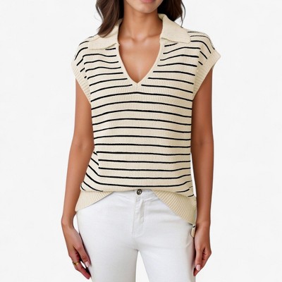 Anna-Kaci Women's Striped Collared Sleeveless Knit Top with Deep V-Neck and Ribbed Hem Detailing