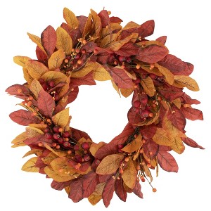 Northlight Berries with Leaves Artificial Fall Harvest Twig Wreath, 24-Inch, Unlit - 1 of 3