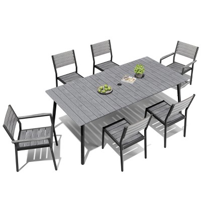 Crestlive Products 7pc Aluminum Patio Dinning Set 72in Table and 6 Chairs Plastic Wood Top with Umbrella Hole for Outdoor Pool Lawn