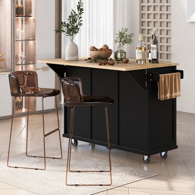 VYNXARIA Kitchen Cart with Rubber wood Drop-Leaf Countertop,Kitchen Island on 5 Wheels with Storage Cabinet and 3 Drawers,Black