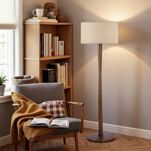 61" Walnut Wood Standing Floor Lamp with Linen Drum Shade, Modern Accent Light for Living Room, Bedroom, Hallway & Study - 1 of 4
