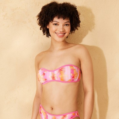 Women's Contrast Binding Printed Bandeau Bikini Top - Wild Fable™ Pink Floral Print S