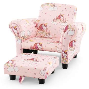 Tangkula Kids Upholstered Sofa w/Footstool Cute Patterns Ergonomic Backrest Armrests Pink