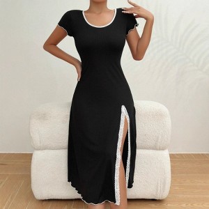 Women's Ribbed Midi Dress with Lace Slit Contrast Trim Casual Dress - 1 of 4
