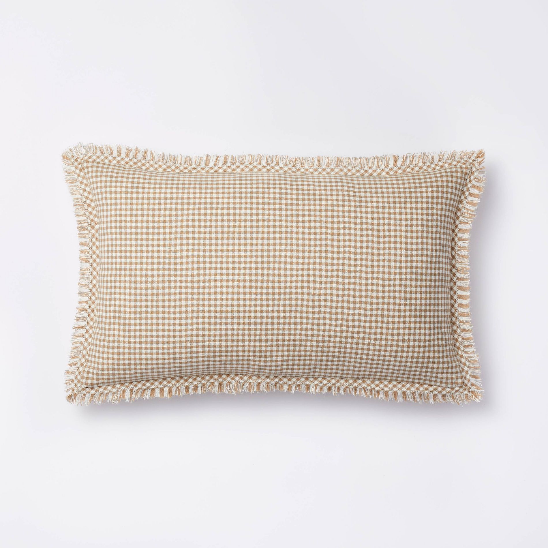 Oblong Gingham with Hemstitch and Raw Edge Decorative Throw Pillow Camel - Threshold™ designed with Studio McGee: Cotton Cylinder Bolster