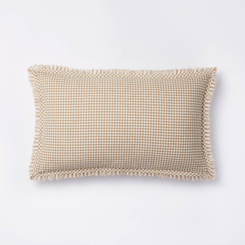 Oblong Gingham with Hemstitch and Raw Edge Decorative Throw Pillow Camel - Threshold&#8482; designed with Studio McGee, 1 of 12