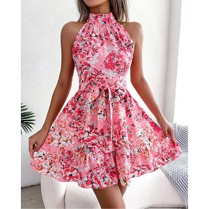 Womens Sleeveless Floral mini Dress Summer A Line Ruffle Dresses with Waist Belt Stand Collar - 1 of 3