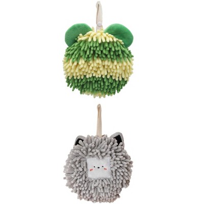 REGALWOVEN 2 Packs Chenille Fuzzy Cute Bear Shape Decorative Soft Absorbent Hanging Ball Hand Towels 7" x 7"
