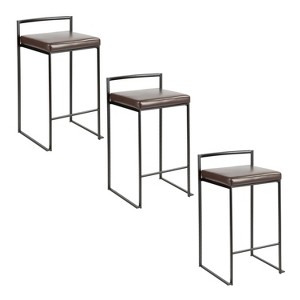 LumiSource Set of 3 Fuji Stacker Counter Height Barstools Black Metal/Brown PU - 1 of 4