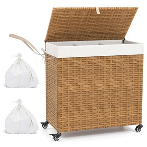 Costway Laundry Hamper w/Wheels & Lid, 125L 3-Section Clothes Hamper w/2 Liner Bags - 1 of 4