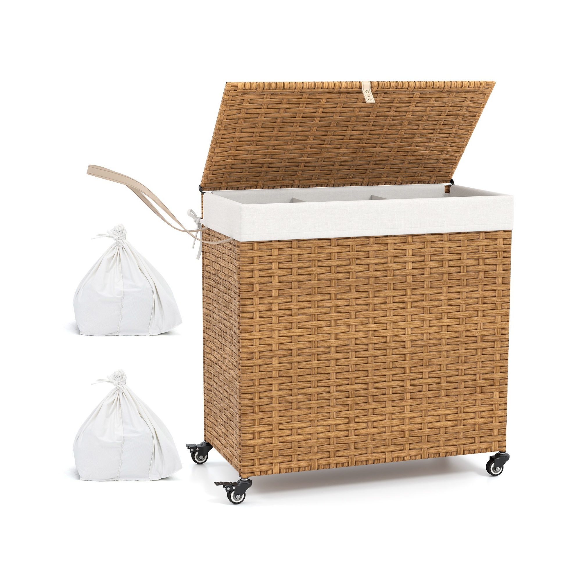 Costway Laundry Hamper w/Wheels & Lid, 125L 3-Section Clothes Hamper w/2 Liner Bags Natural