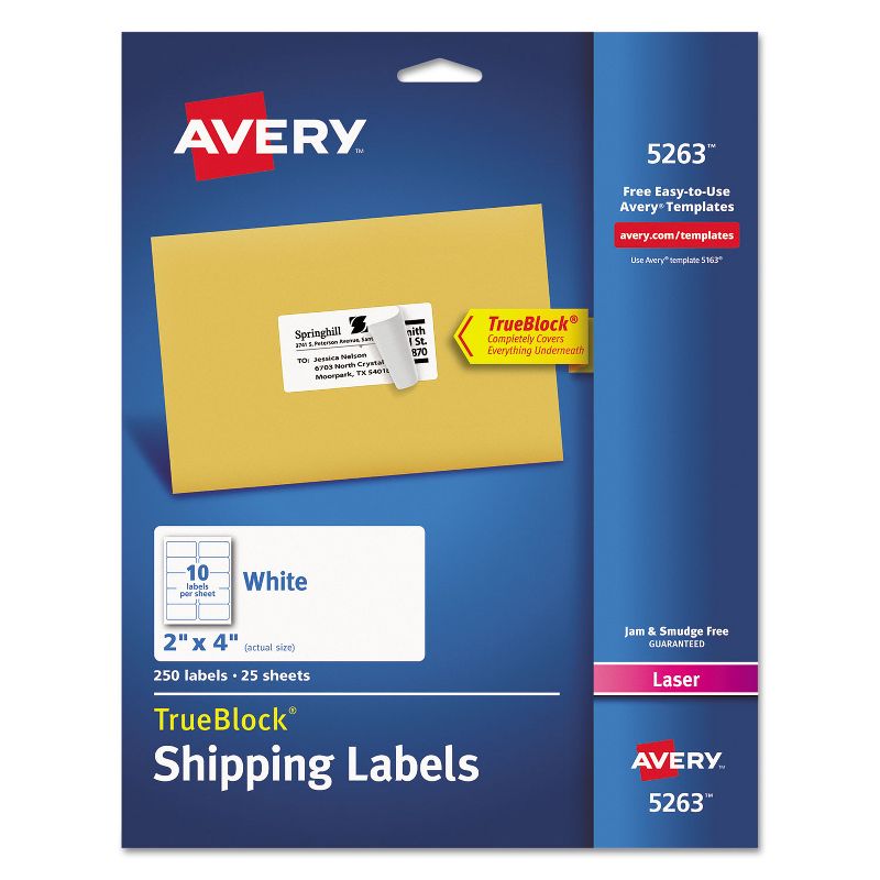 Avery Shipping Labels with TrueBlock Technology Laser 2 x 4 White 250/Pack 5263, 1 of 10