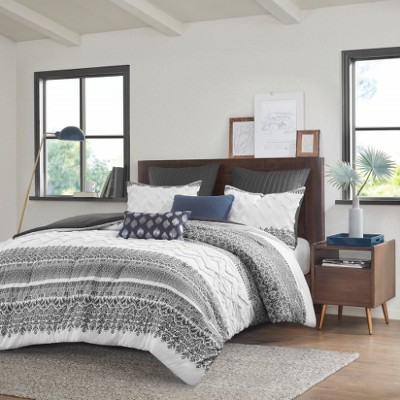 Lyngins 3-Piece Farmhouse Cotton Comforter Set, Tufted White Chevron Chenille, Botanic Print, Oeko-Tex Certified, Full/Queen Bedding Set