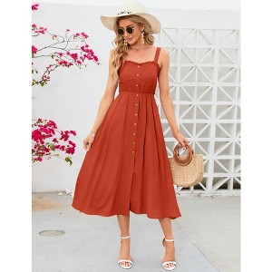 Women's Dress Casual Summer Spaghetti Strap Dress Button Down Sleeveless A Line Beach Swing Midi Sundress - 1 of 4