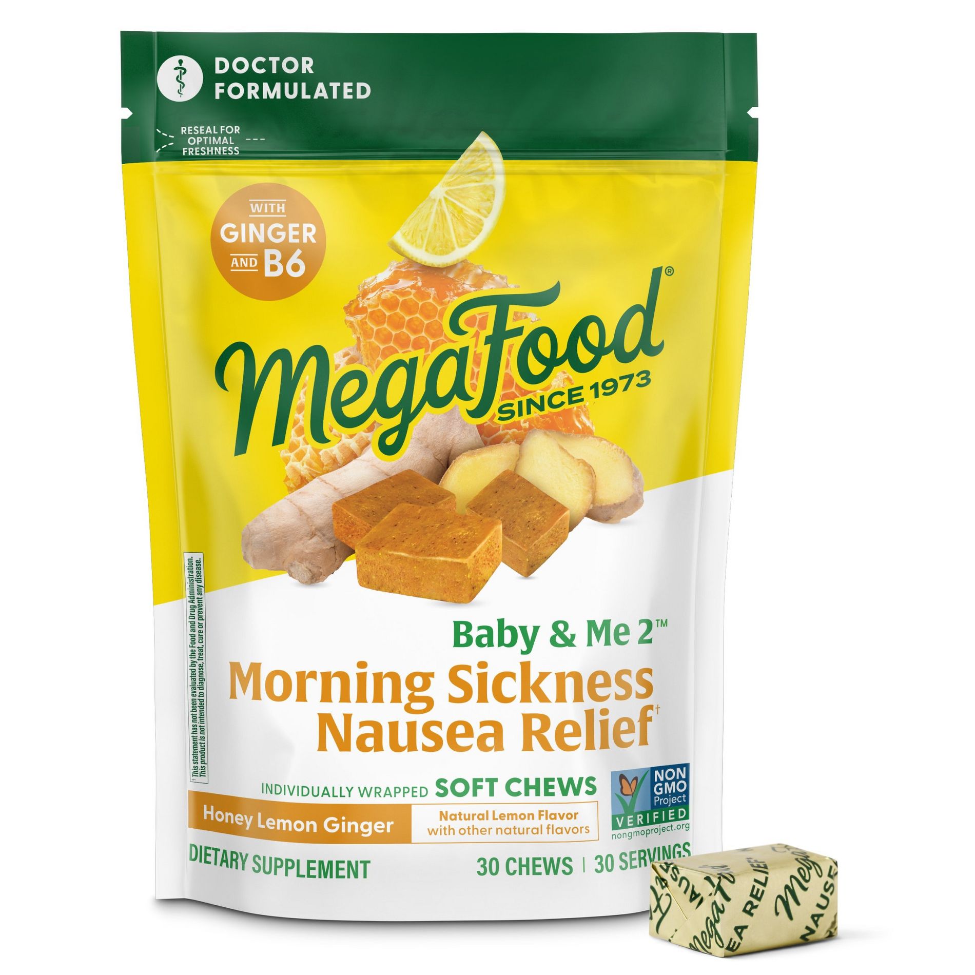 MegaFood Baby & Me 2 Morning Sickness Nausea Relief Soft Chews with Vitamin B6 & Ginger - 30 Count (30 Servings)