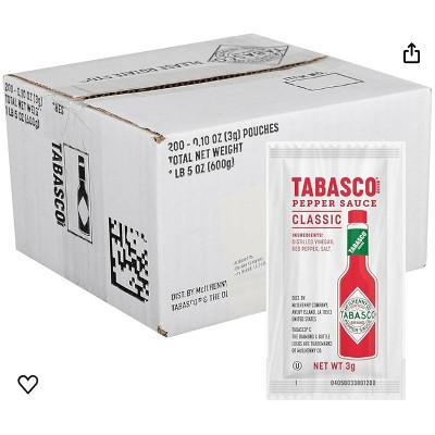 TABASCO Brand Original Red Pepper Sauce, Medium Hot Sauce, Single-Serve Hot Sauce Packets, .2oz (Box of 200)