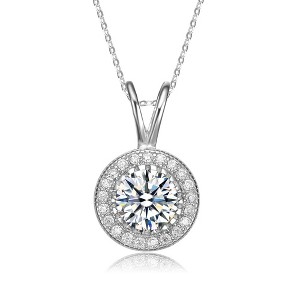 Classy round pendant necklace with clear cubic zirconia, featuring a sleek elegant design for a timeless look - 1 of 3