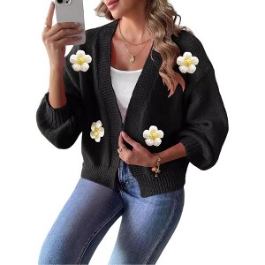 Coolmee Women's Cardigan Sweaters Long Sleeve Open Front Cropped Flower Knit Cardigan - 1 of 4