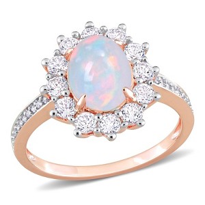 EVERLY JEWELRY | Rose Silver 2 1/6 ct TGW Oval Shape Blue Ethiopian Opal and White Topaz and 1/10ct TDW Diamond Halo Ring - 1 of 4