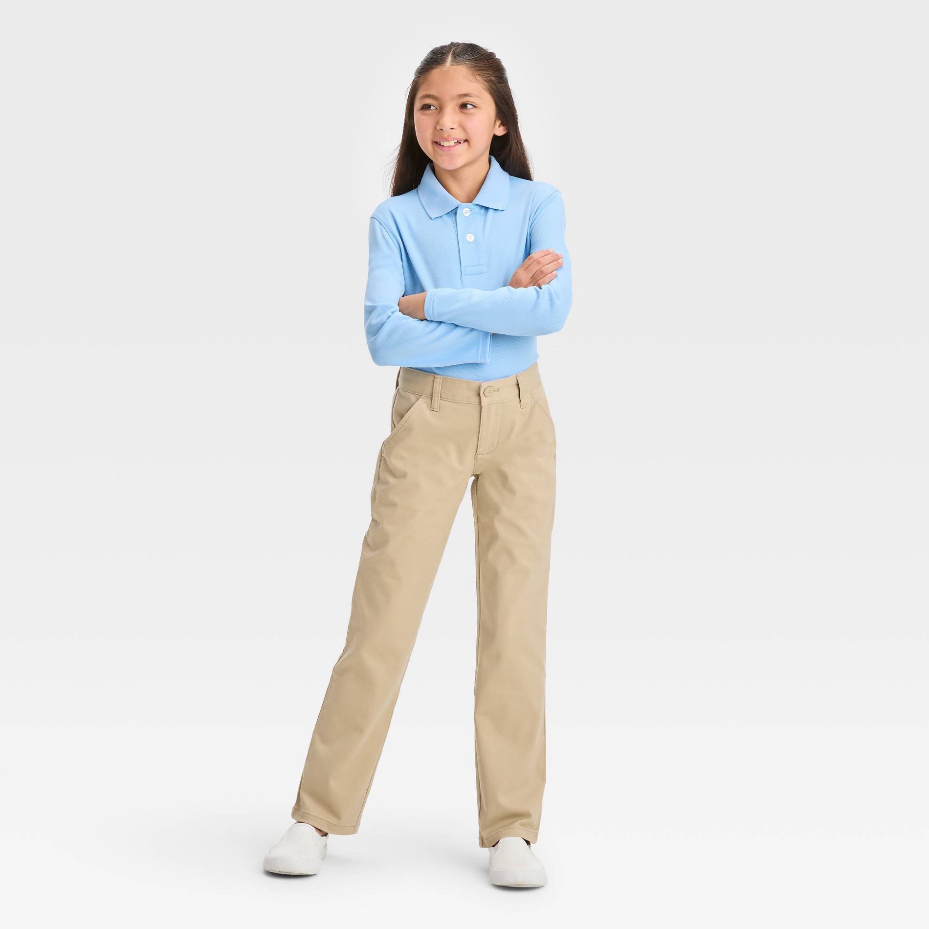 Girls' Straight Fit Uniform Pants - Cat & Jack™ Khaki 6: Cotton Twill, Mid Rise, Pull-On