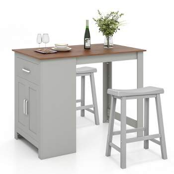 Costway 3 Pieces Bar Table Set Pub Dining Table with Saddle Stools & Storage Cabinet Grey